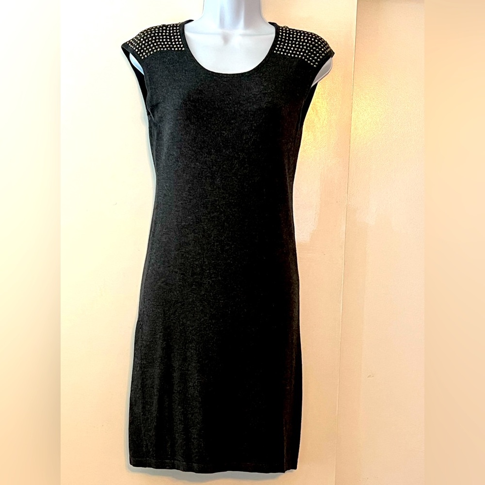Express midi dress in charcoal with studded shoulders.